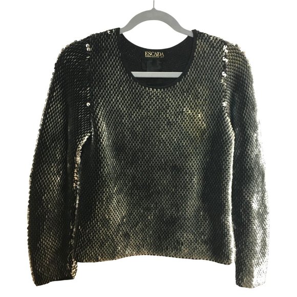 Mermaid Vintage Escada 34S Sequin Fish Scale Shiny Sweater Wool Cashmere Top